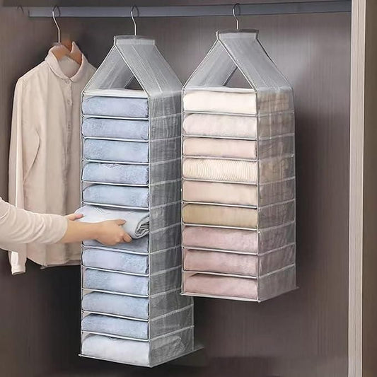 Hanging Closet Foldable Organizer 6 Slots, Wall Hanging Organizer for Wardrobe with 6 Pockets | Letter Holder, Socks & Tie Storage Pouches | Cross Lines -Silver